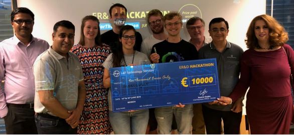 Left to right: Nitin Ugale from Sulzer | Gaurav Gupta from LTTS | Winners - Annabel Michel; Lars Konig; Atenea Fernandez Rozaoilla; Luca Setili; Till Neumeier | David Humphrey from ARC Advisory Group | Samir Bagga from LTTS | Nawida Martinozzi from Nokia